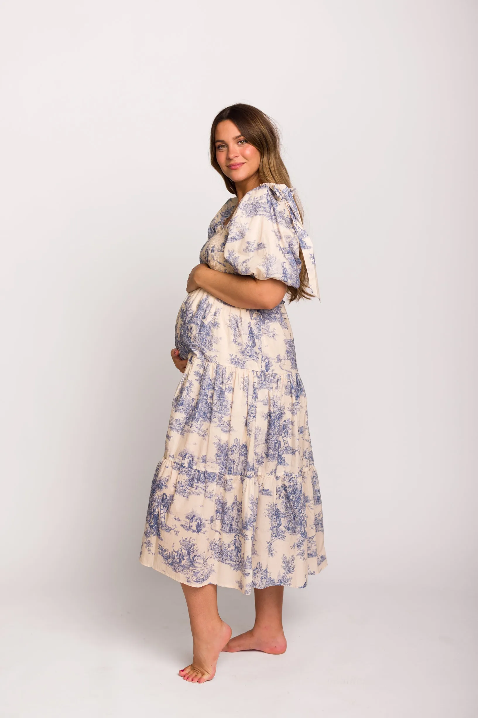 Elena 100% Cotton Toile Print Smocked Midi Dress in Blue - Bump Friendly (Restocking in April)
