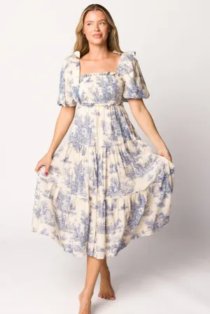 Elena 100% Cotton Toile Print Smocked Midi Dress in Blue - Bump Friendly (Restocking in April)