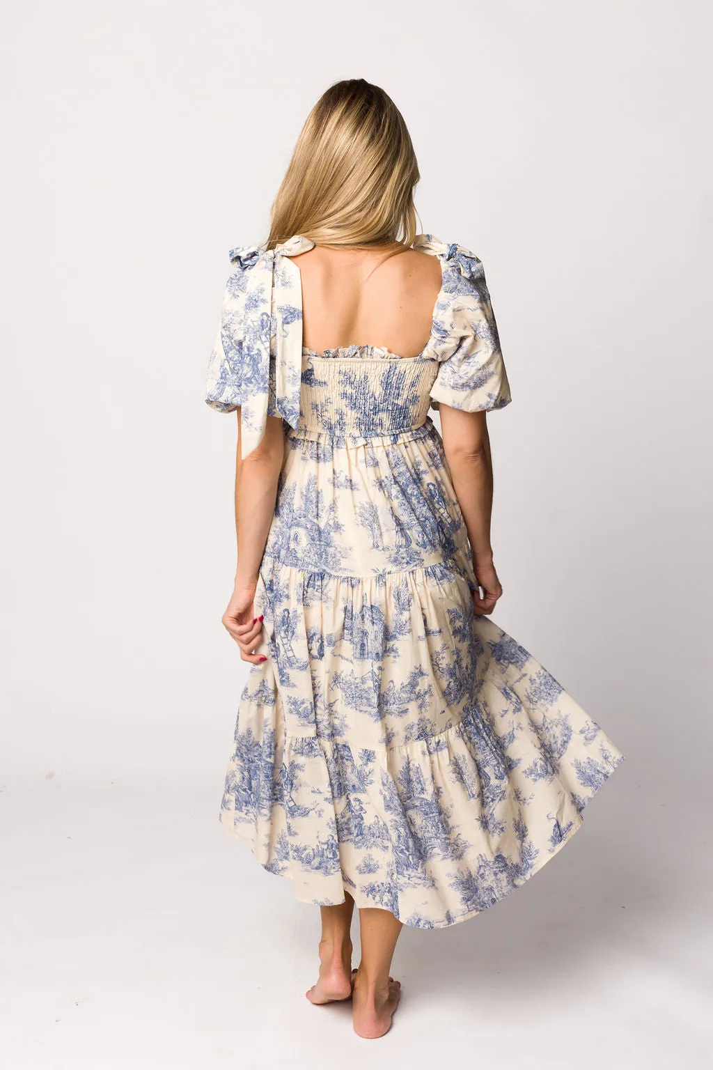 Elena 100% Cotton Toile Print Smocked Midi Dress in Blue - Bump Friendly (Restocking in April)