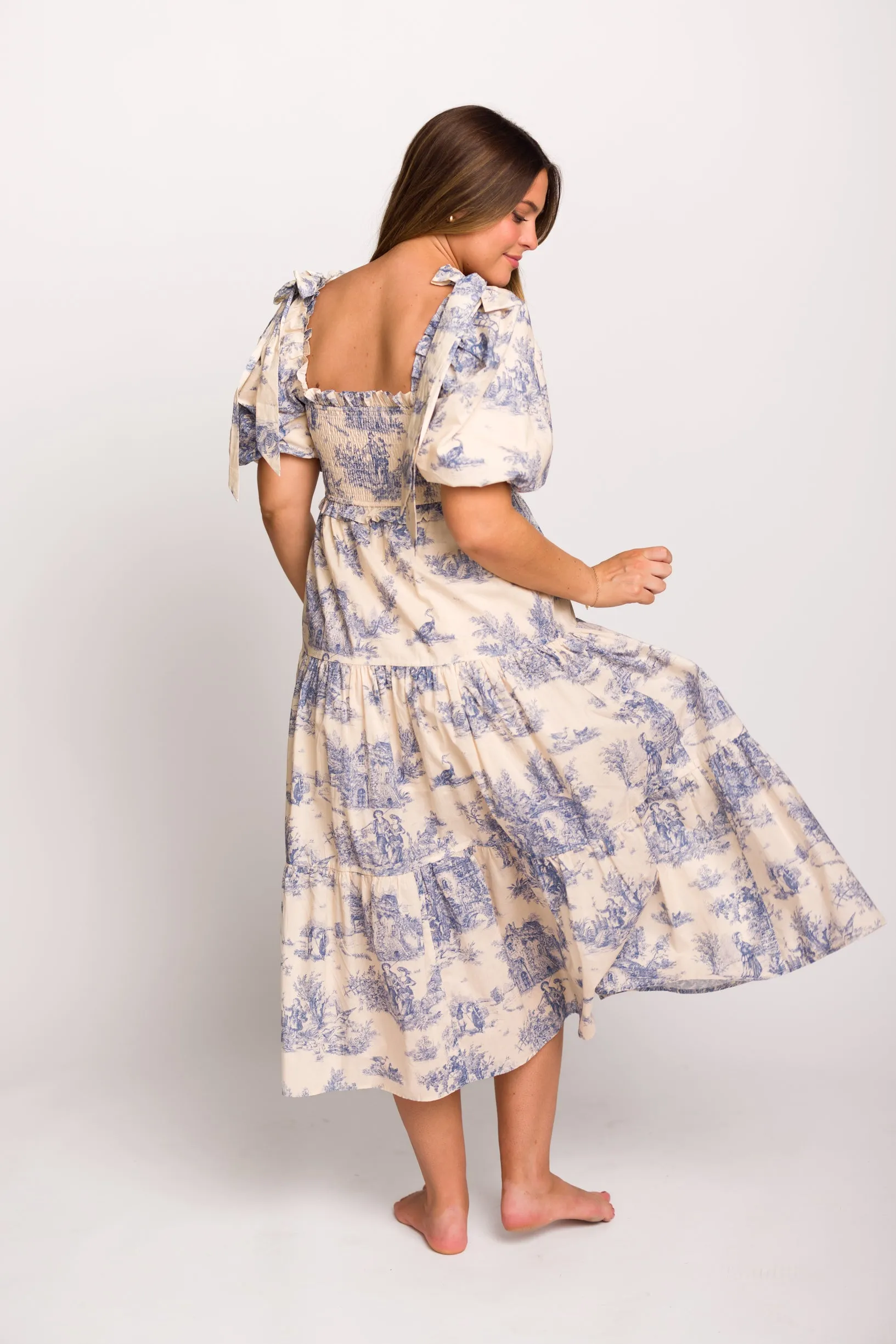 Elena 100% Cotton Toile Print Smocked Midi Dress in Blue - Bump Friendly (Restocking in April)