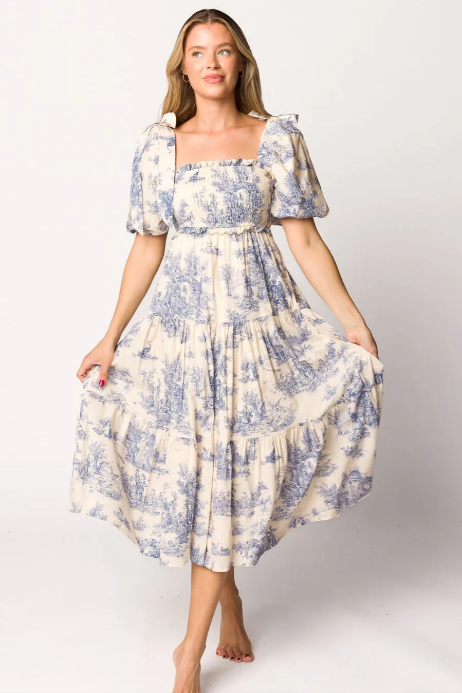 Elena 100% Cotton Toile Print Smocked Midi Dress in Blue - Bump Friendly (Restocking in April)