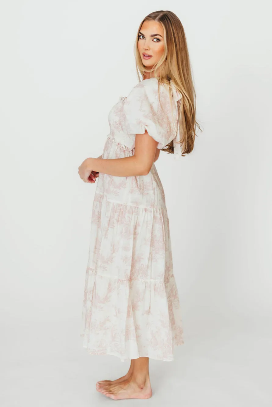 Elena 100% Cotton Toile Print Smocked Midi Dress in Pink - Bump Friendly