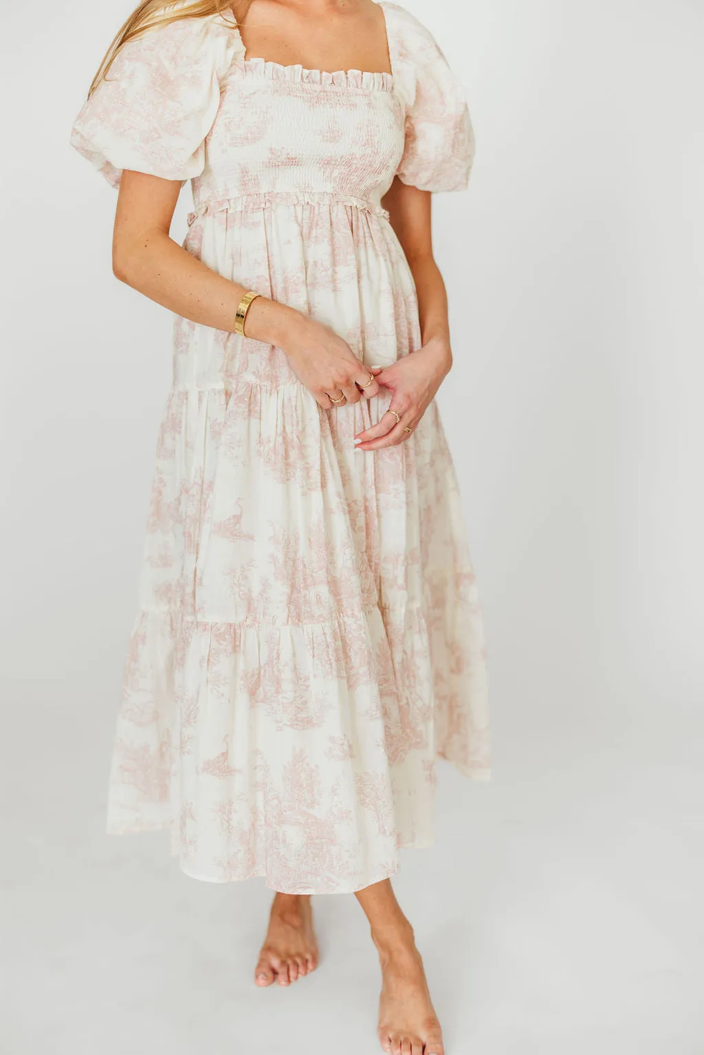 Elena 100% Cotton Toile Print Smocked Midi Dress in Pink - Bump Friendly