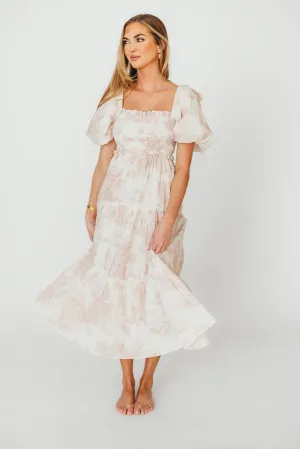 Elena 100% Cotton Toile Print Smocked Midi Dress in Pink - Bump Friendly
