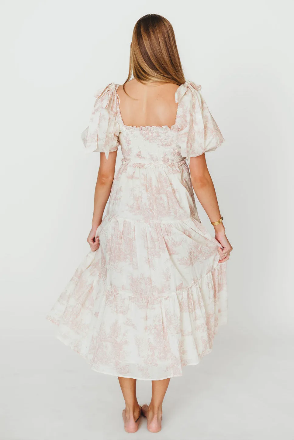 Elena 100% Cotton Toile Print Smocked Midi Dress in Pink - Bump Friendly