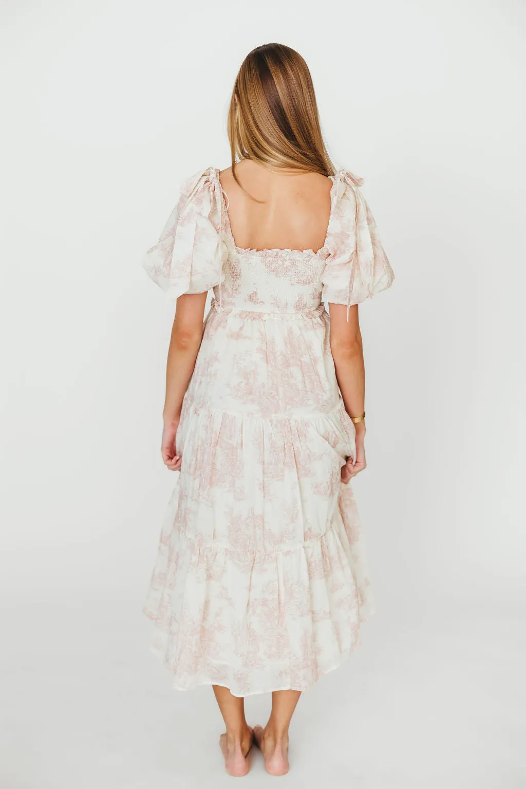 Elena 100% Cotton Toile Print Smocked Midi Dress in Pink - Bump Friendly