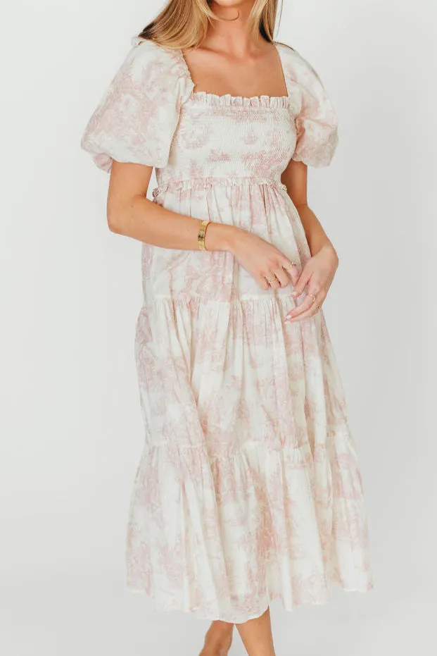 Elena 100% Cotton Toile Print Smocked Midi Dress in Pink - Bump Friendly