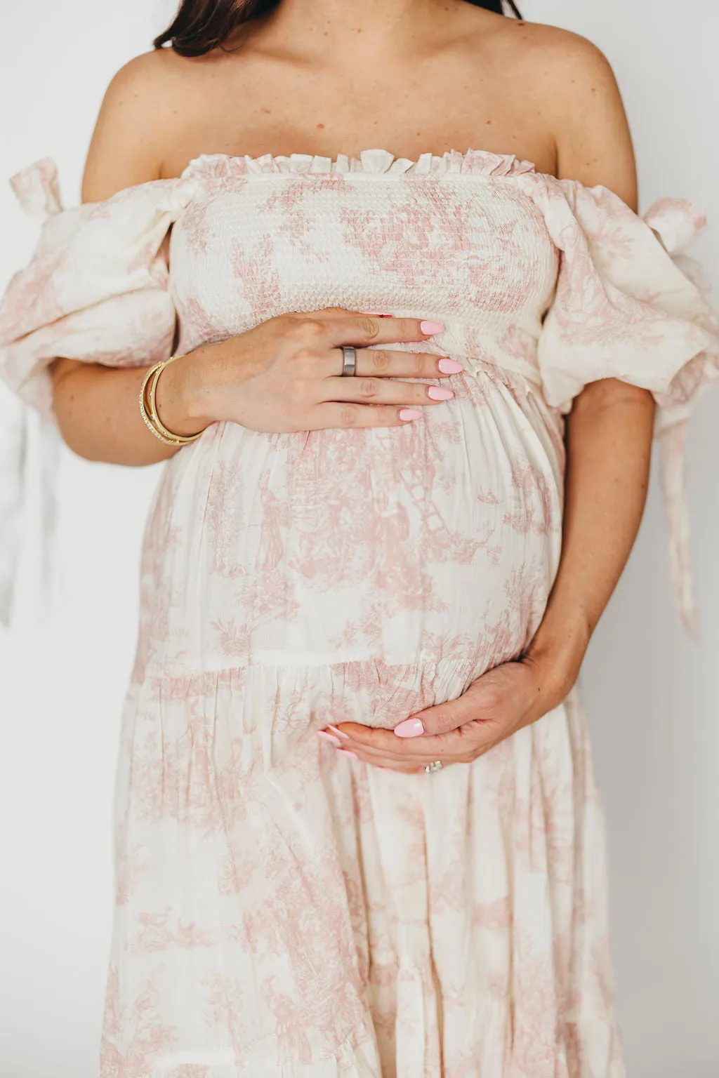 Elena 100% Cotton Toile Print Smocked Midi Dress in Pink - Bump Friendly