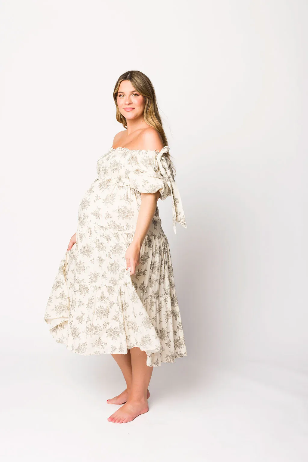 Elena Toile Print Smocked Midi Dress in Ivory - Bump Friendly