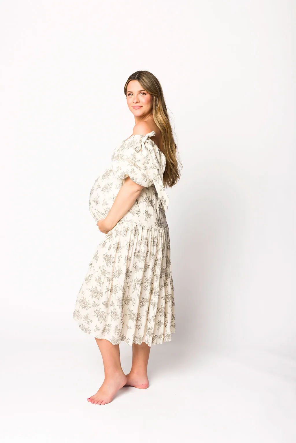 Elena Toile Print Smocked Midi Dress in Ivory - Bump Friendly