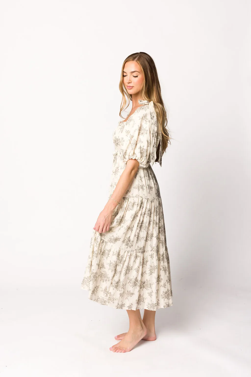 Elena Toile Print Smocked Midi Dress in Ivory - Bump Friendly