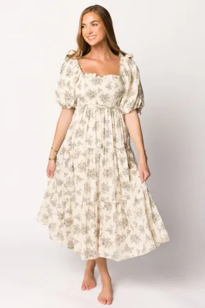 Elena Toile Print Smocked Midi Dress in Ivory - Bump Friendly