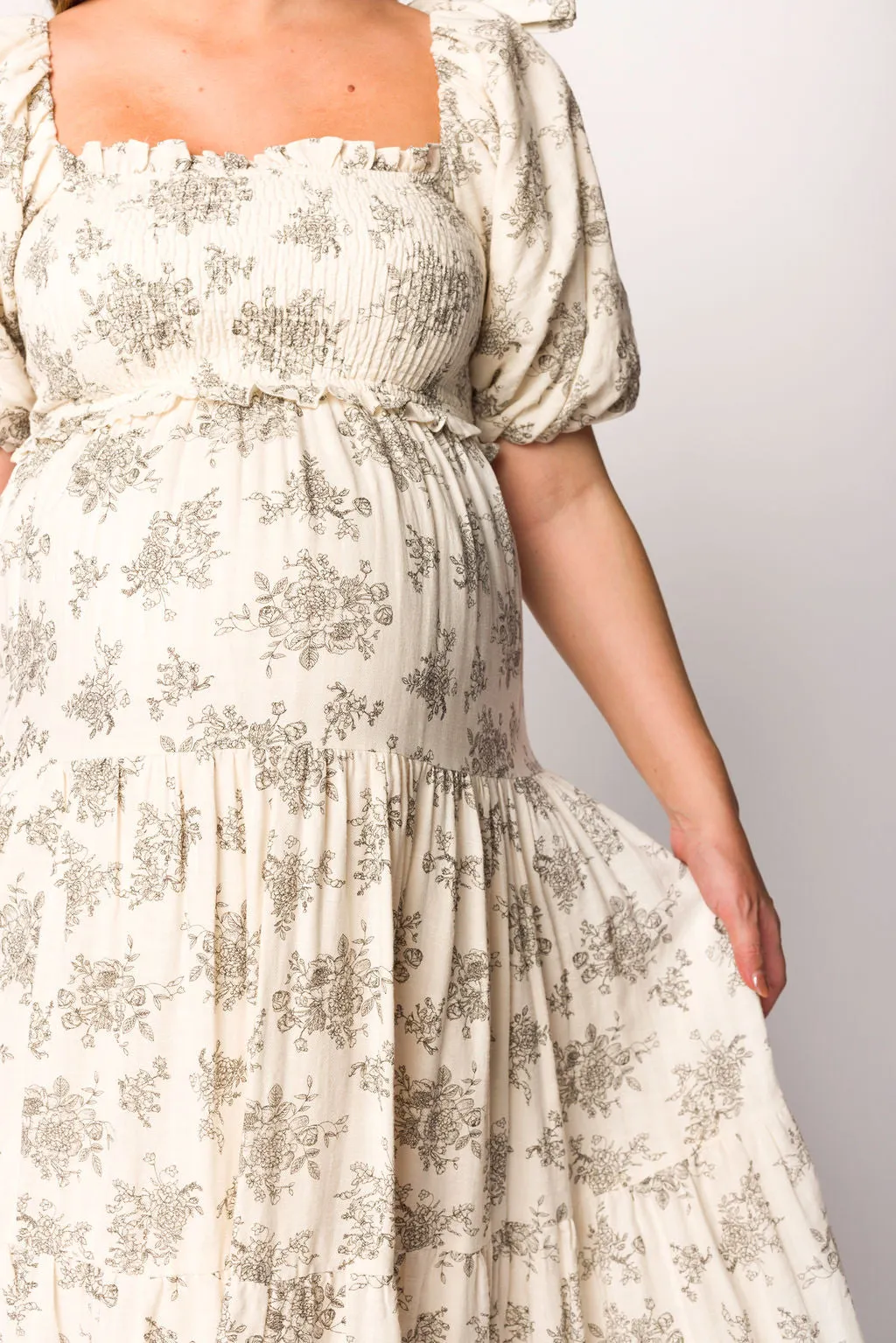 Elena Toile Print Smocked Midi Dress in Ivory - Bump Friendly