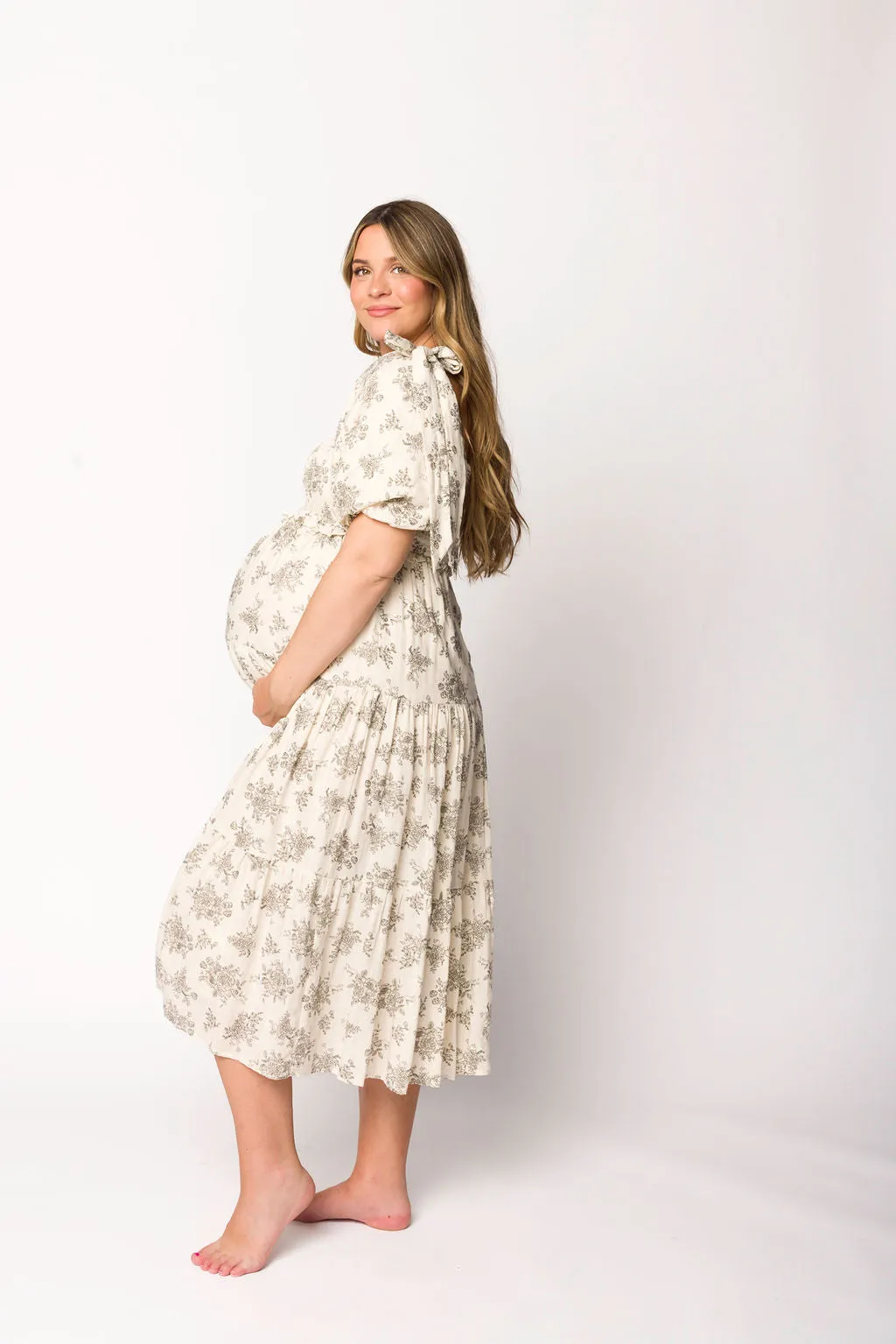 Elena Toile Print Smocked Midi Dress in Ivory - Bump Friendly