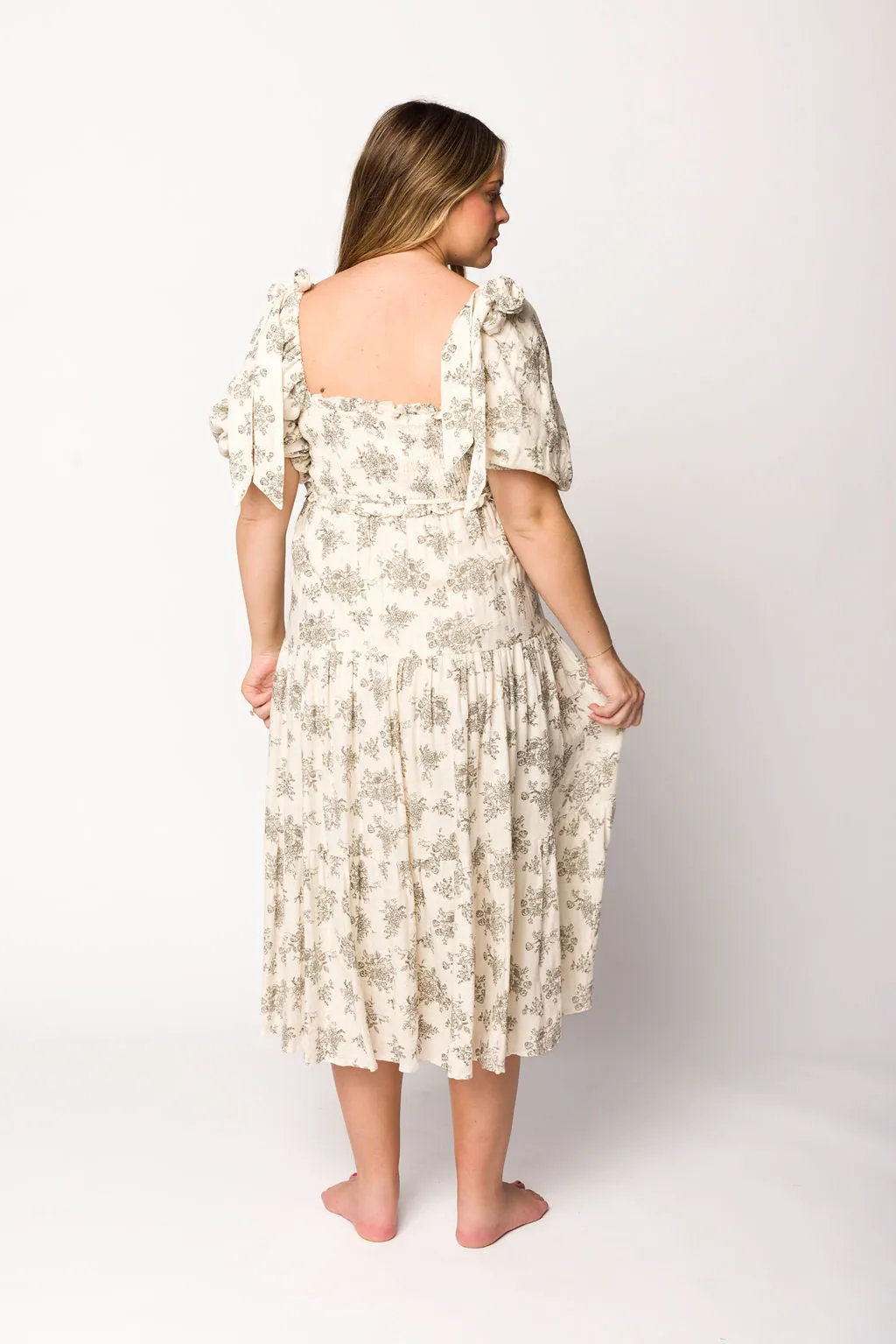 Elena Toile Print Smocked Midi Dress in Ivory - Bump Friendly