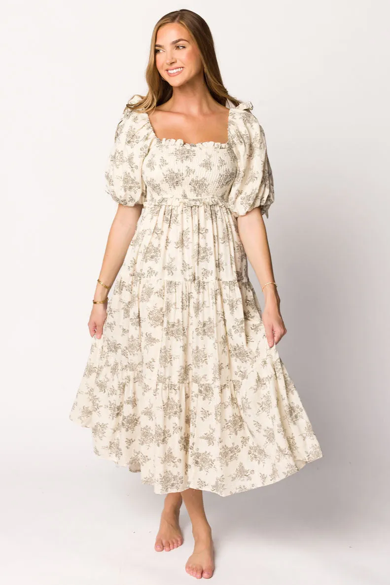 Elena Toile Print Smocked Midi Dress in Ivory - Bump Friendly