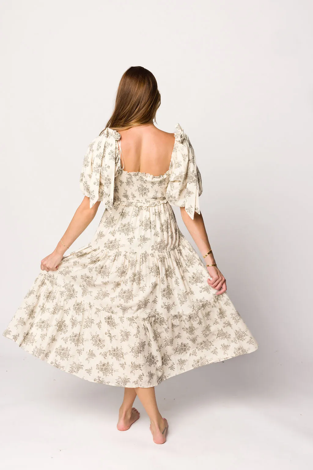 Elena Toile Print Smocked Midi Dress in Ivory - Bump Friendly