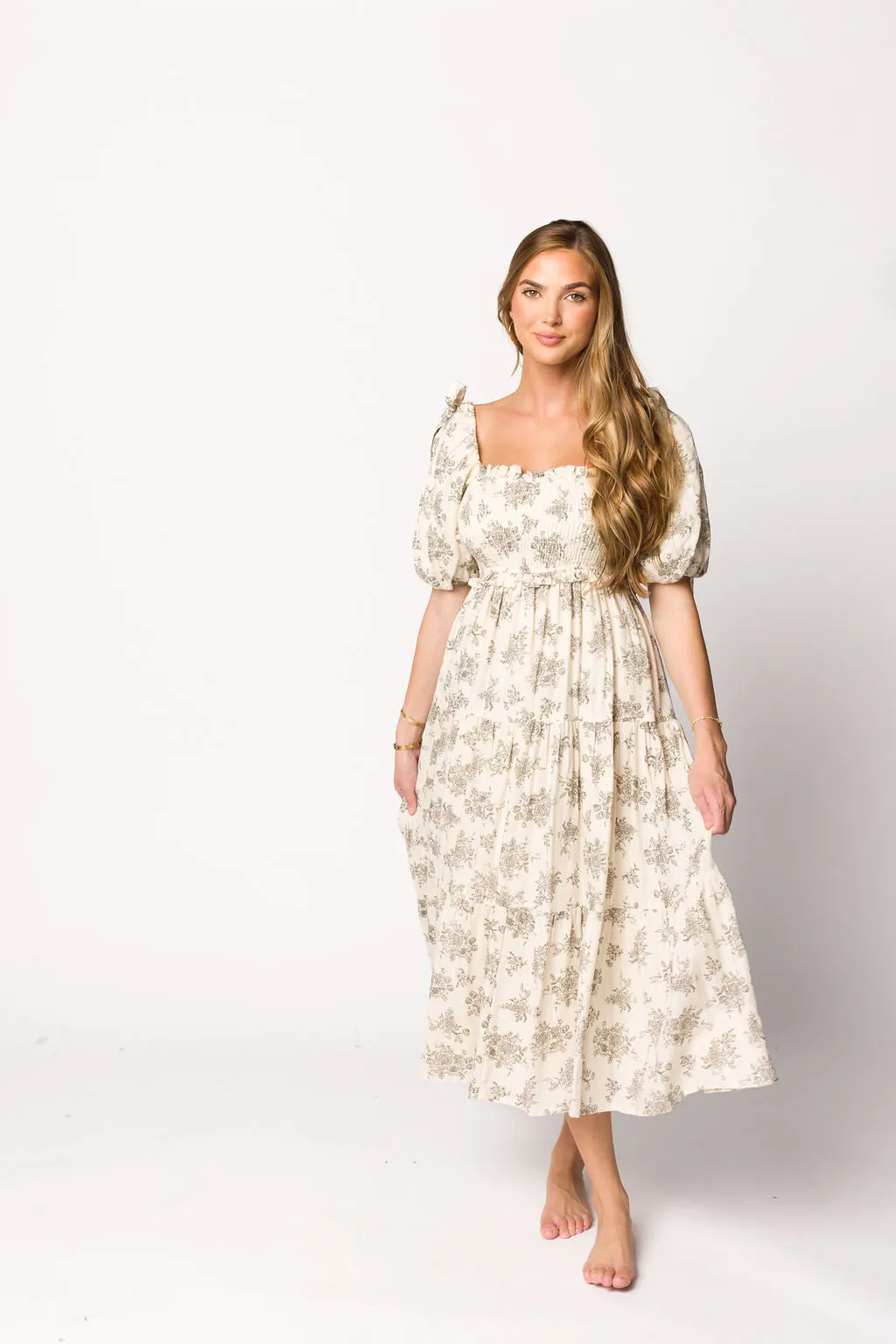 Elena Toile Print Smocked Midi Dress in Ivory - Bump Friendly