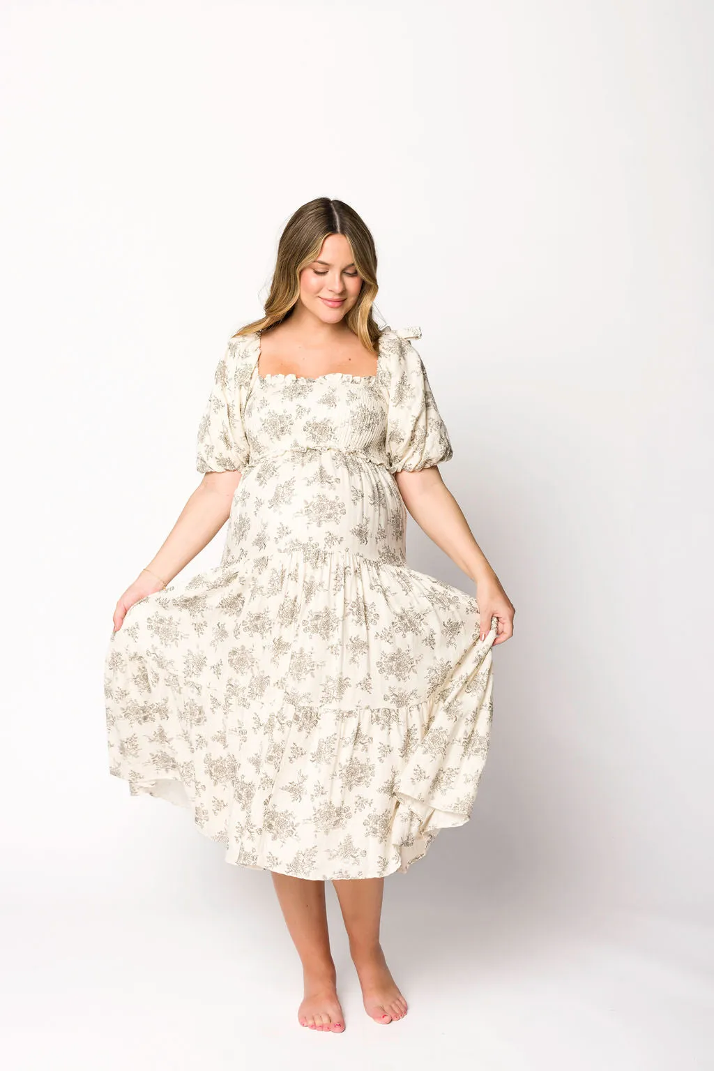 Elena Toile Print Smocked Midi Dress in Ivory - Bump Friendly