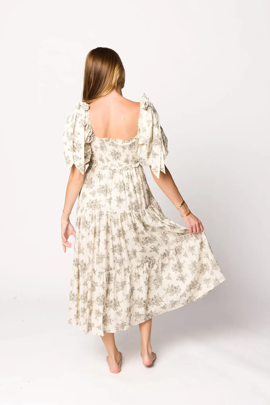 Elena Toile Print Smocked Midi Dress in Ivory - Bump Friendly