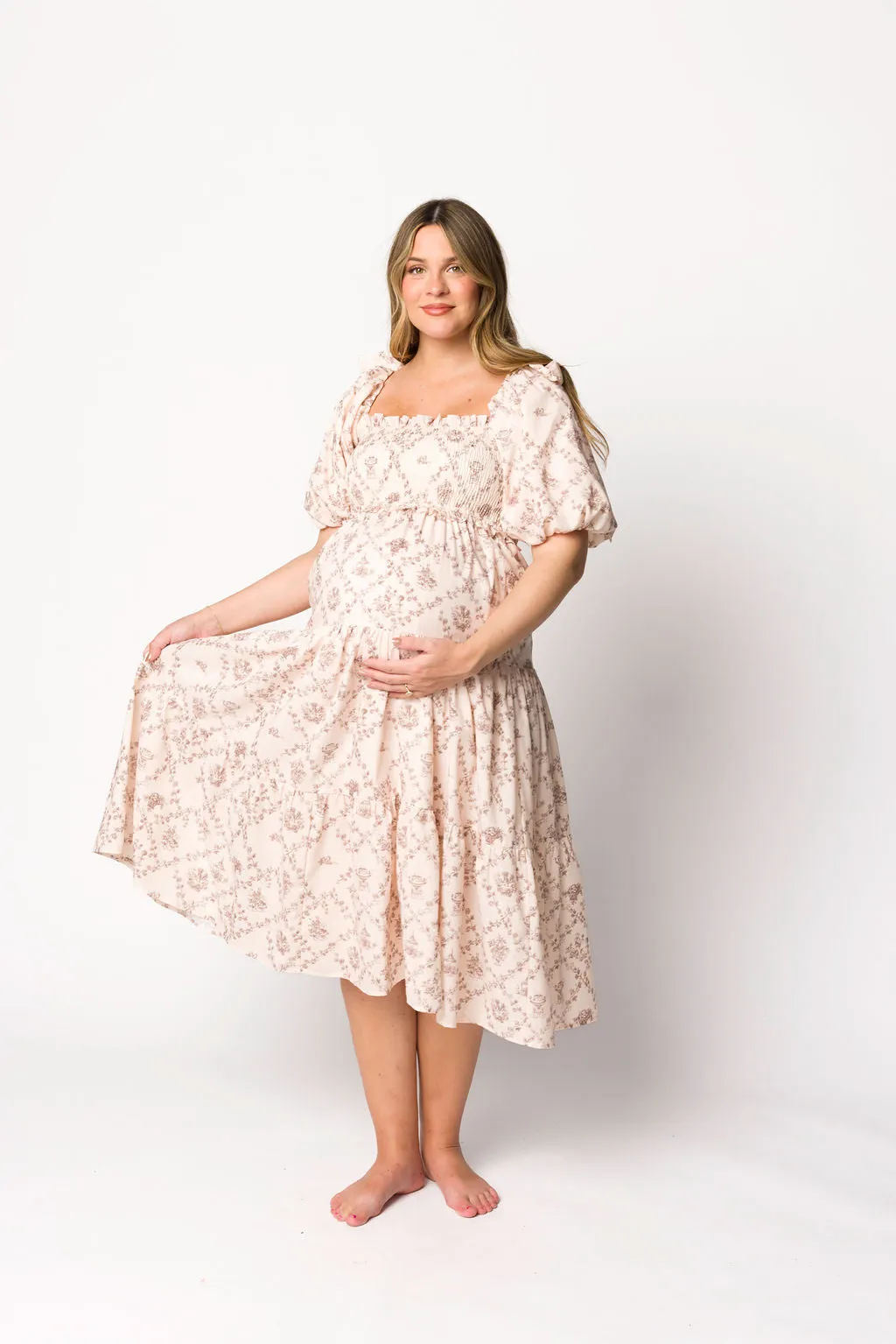 Elena Toile Print Smocked Midi Dress in Mocha