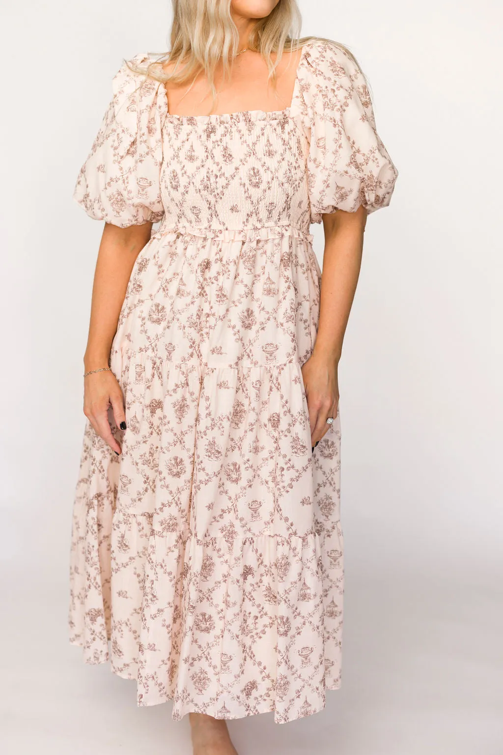 Elena Toile Print Smocked Midi Dress in Mocha