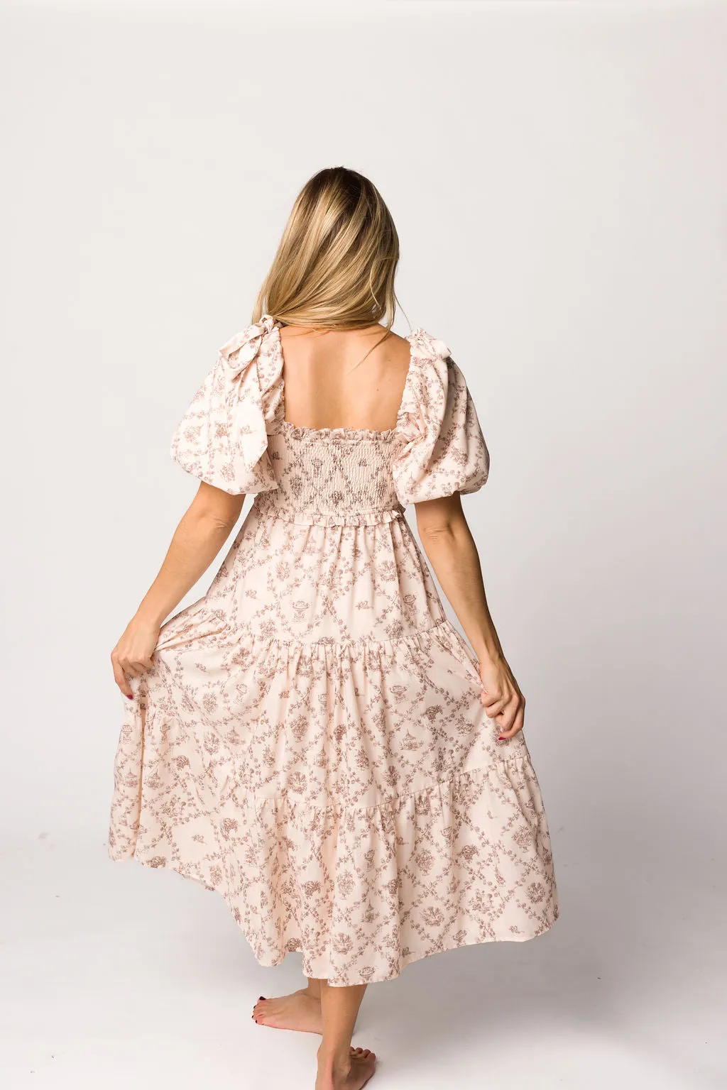 Elena Toile Print Smocked Midi Dress in Mocha