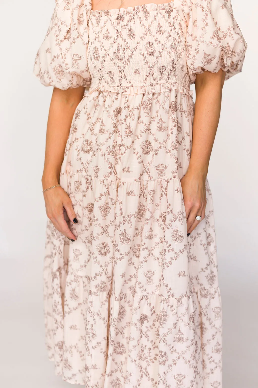 Elena Toile Print Smocked Midi Dress in Mocha