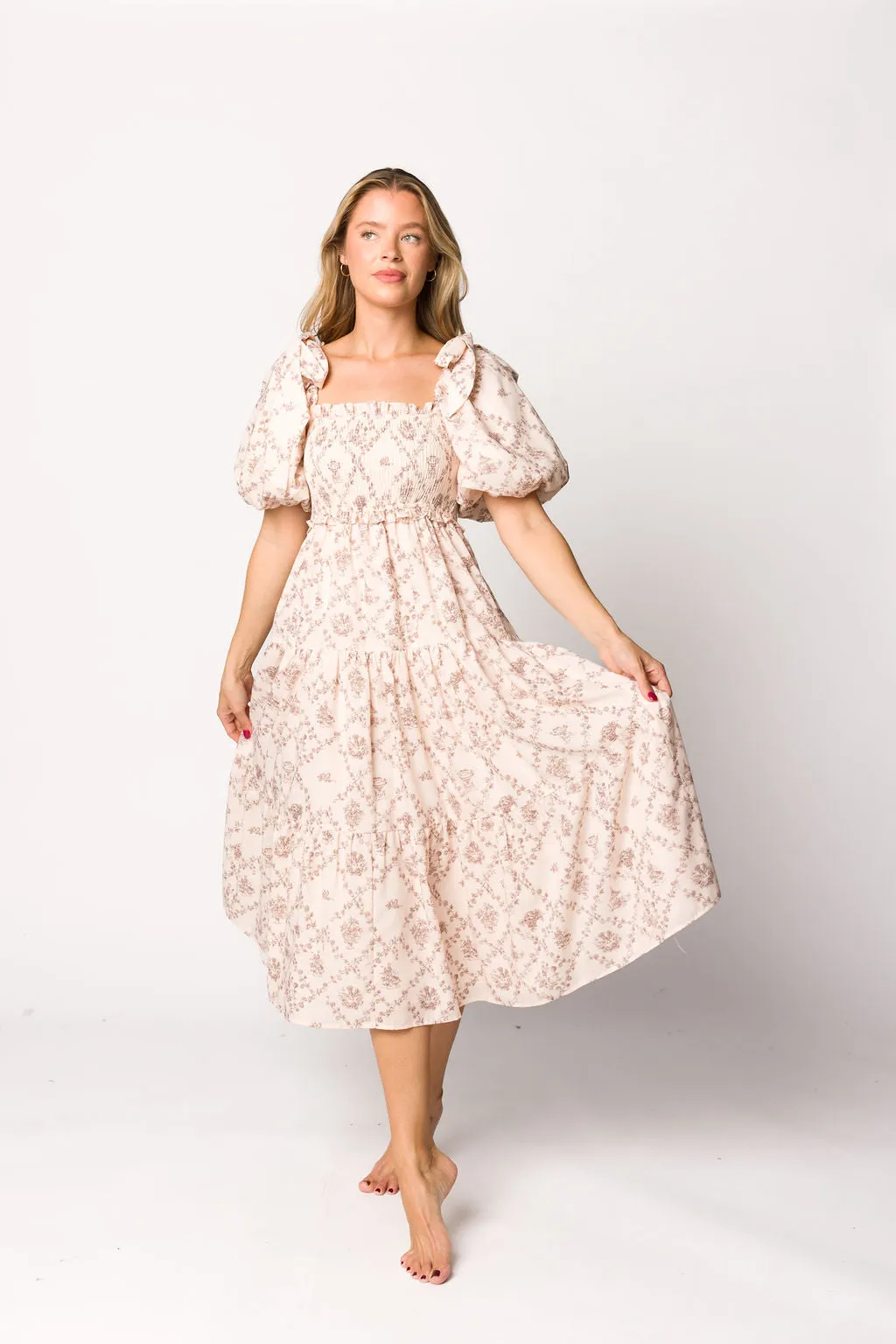 Elena Toile Print Smocked Midi Dress in Mocha