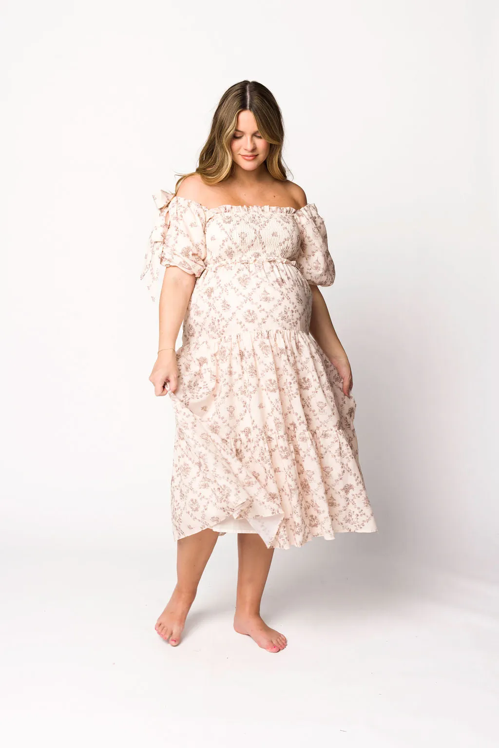 Elena Toile Print Smocked Midi Dress in Mocha