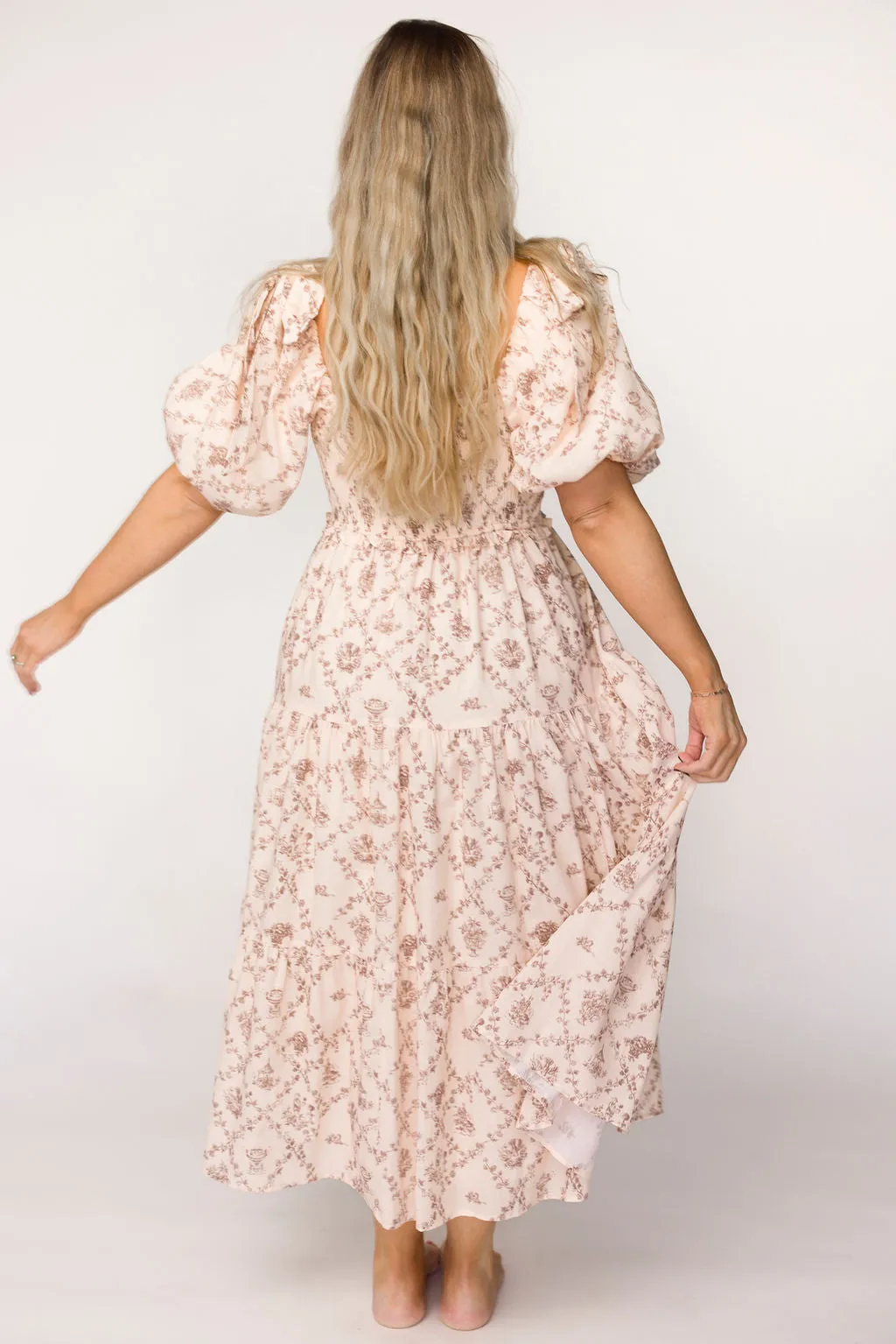 Elena Toile Print Smocked Midi Dress in Mocha