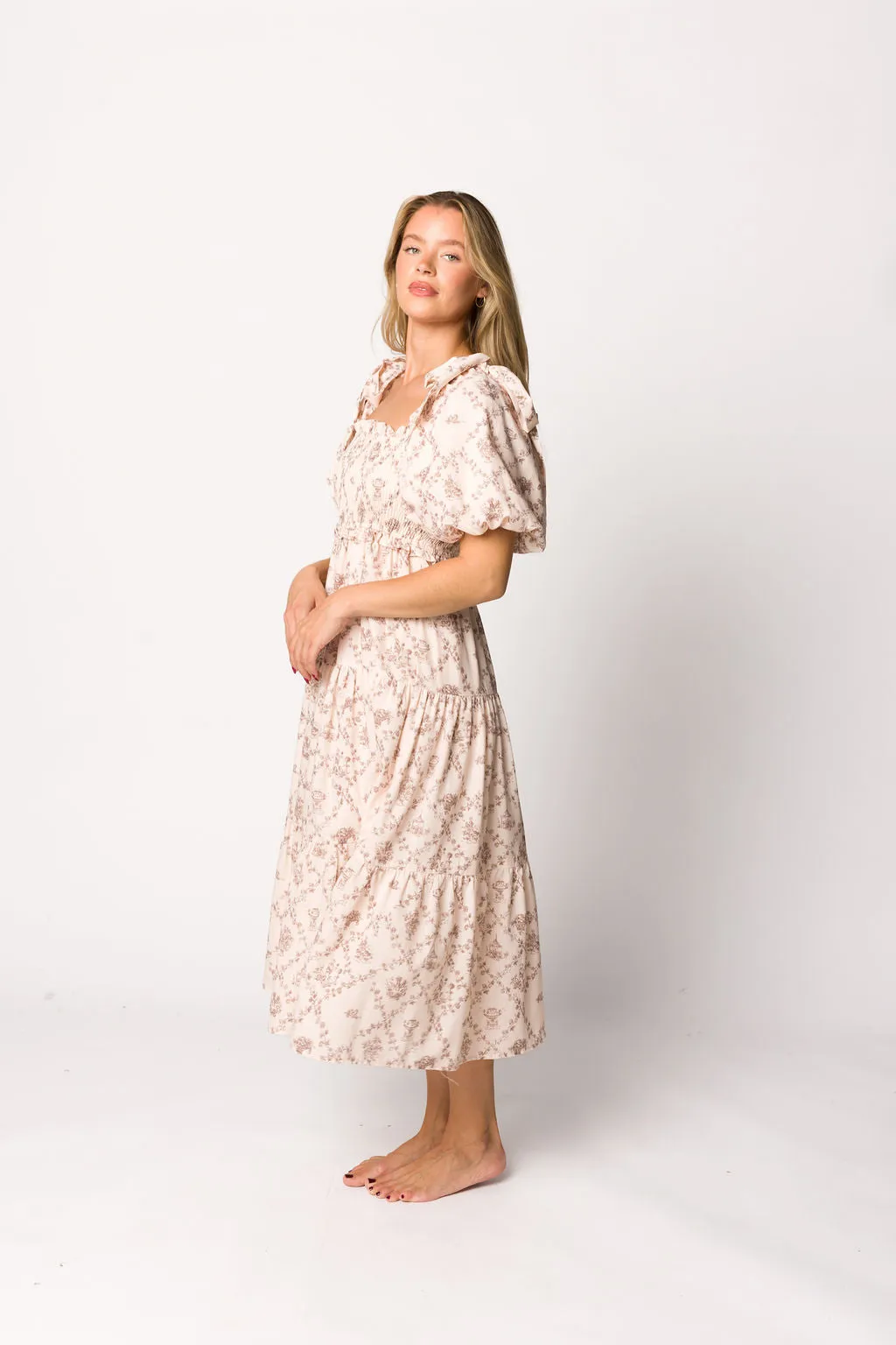 Elena Toile Print Smocked Midi Dress in Mocha