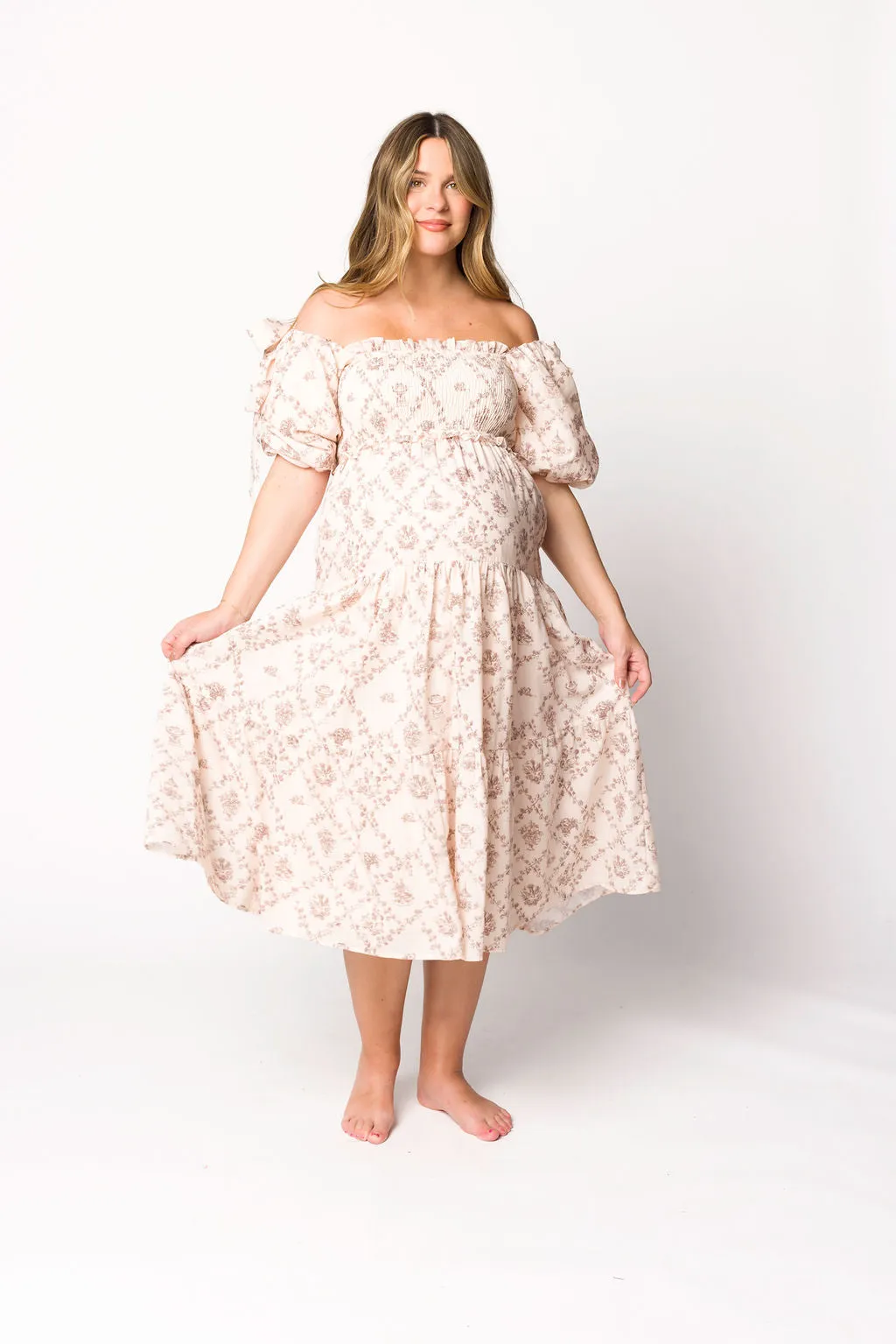 Elena Toile Print Smocked Midi Dress in Mocha