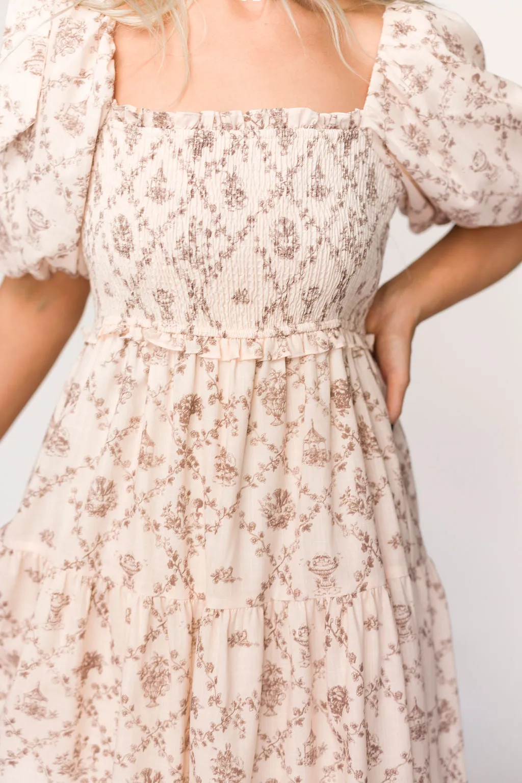 Elena Toile Print Smocked Midi Dress in Mocha