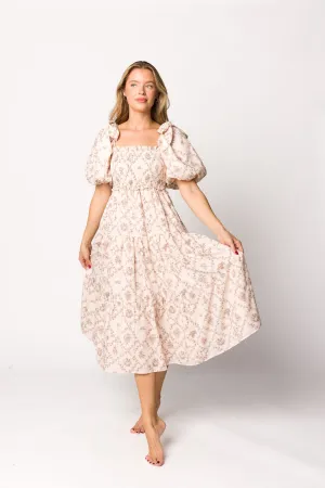 Elena Toile Print Smocked Midi Dress in Mocha