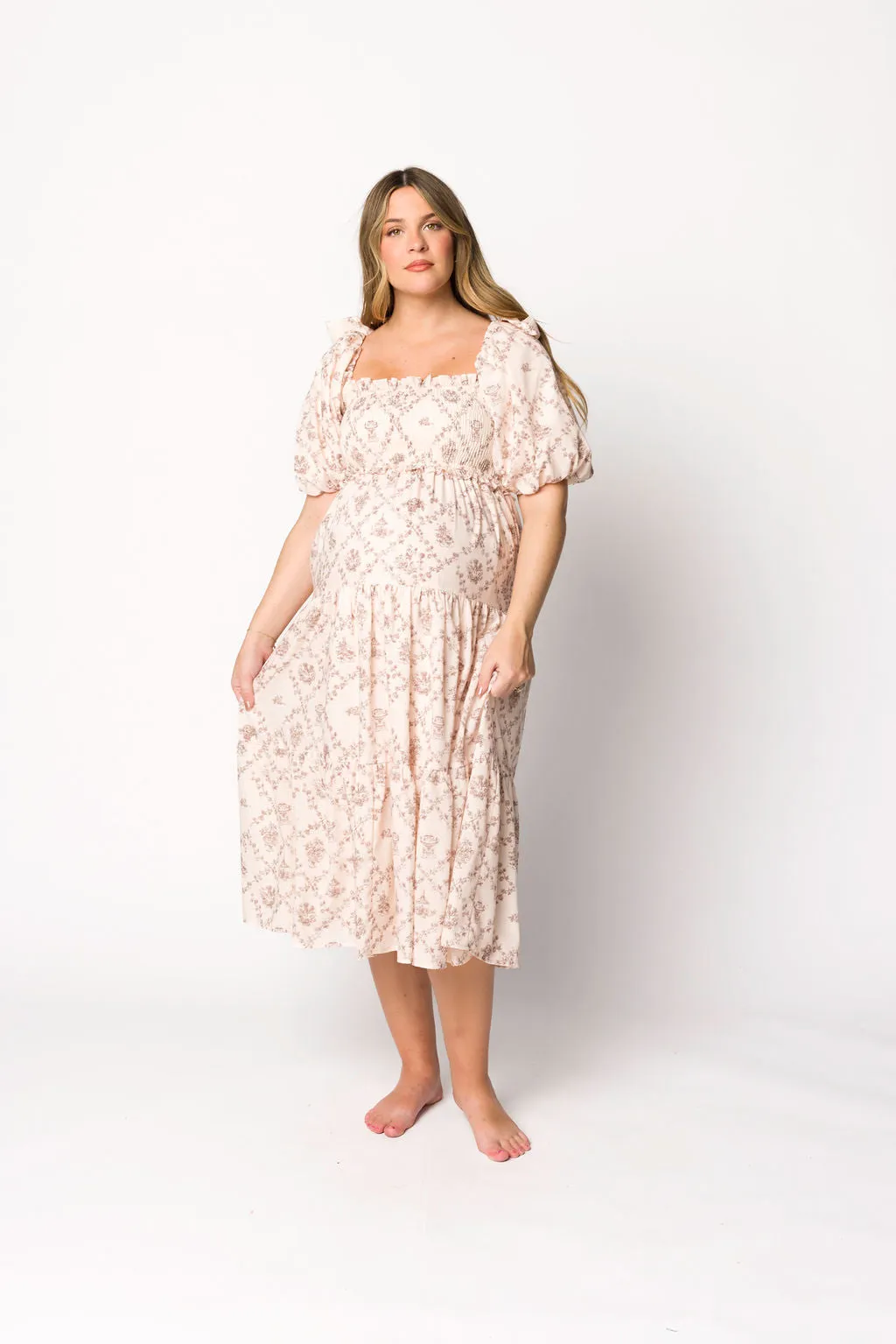 Elena Toile Print Smocked Midi Dress in Mocha