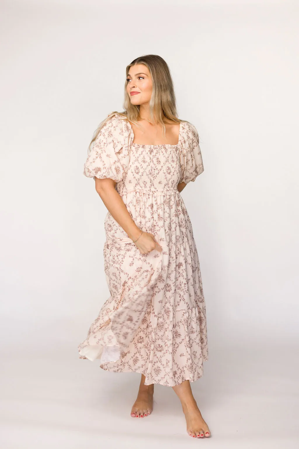 Elena Toile Print Smocked Midi Dress in Mocha