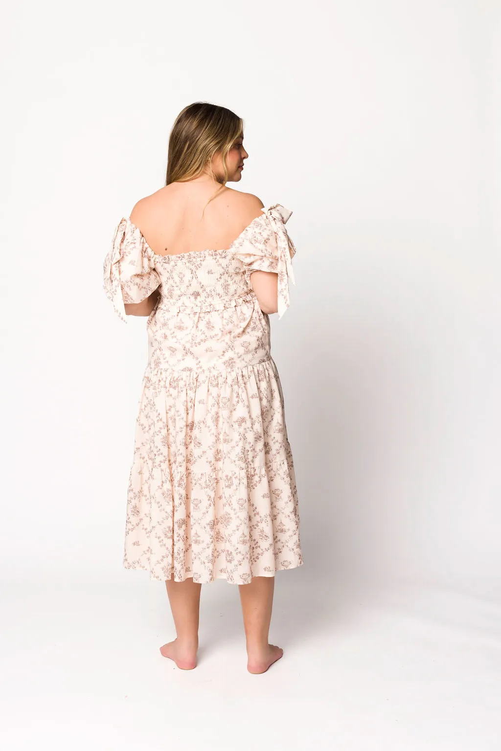 Elena Toile Print Smocked Midi Dress in Mocha