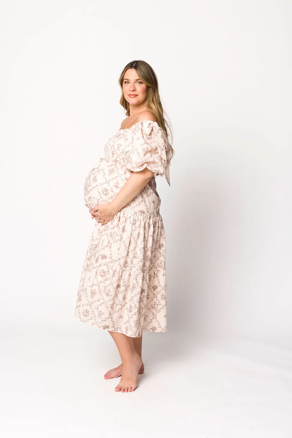 Elena Toile Print Smocked Midi Dress in Mocha