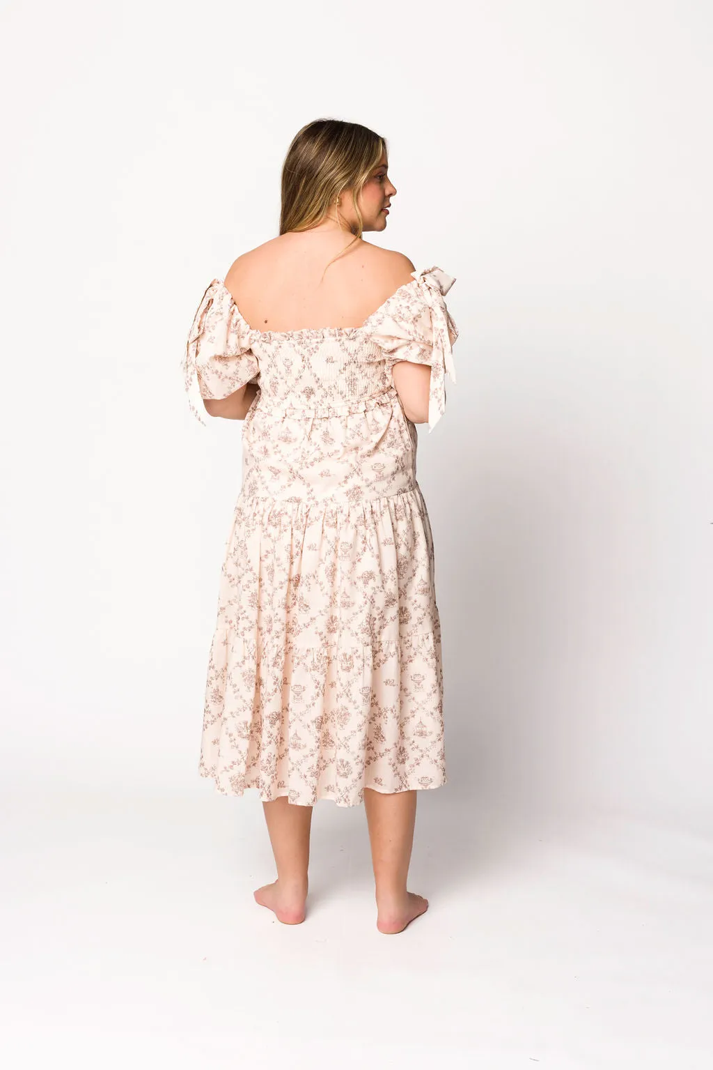 Elena Toile Print Smocked Midi Dress in Mocha