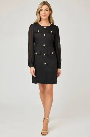Embossed Fitted Dress with Chiffon Puff Sleeves