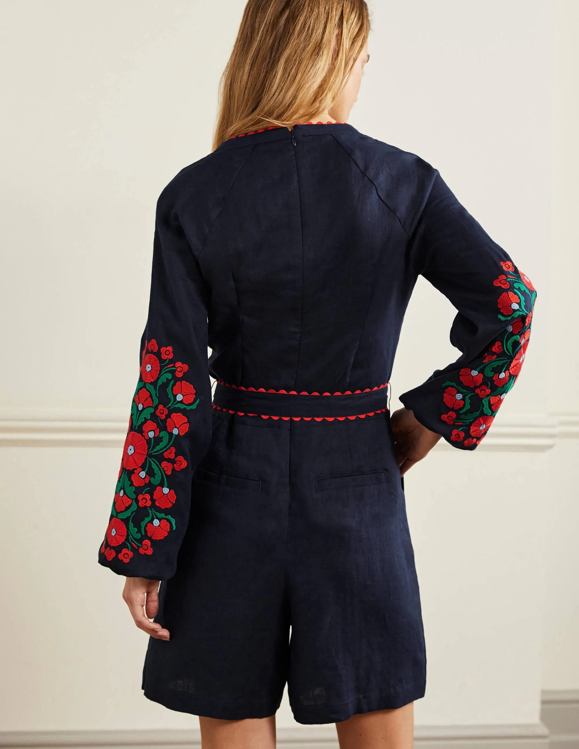 Embroidered Linen Playsuit-Navy. Passion Bloom