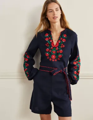 Embroidered Linen Playsuit-Navy. Passion Bloom