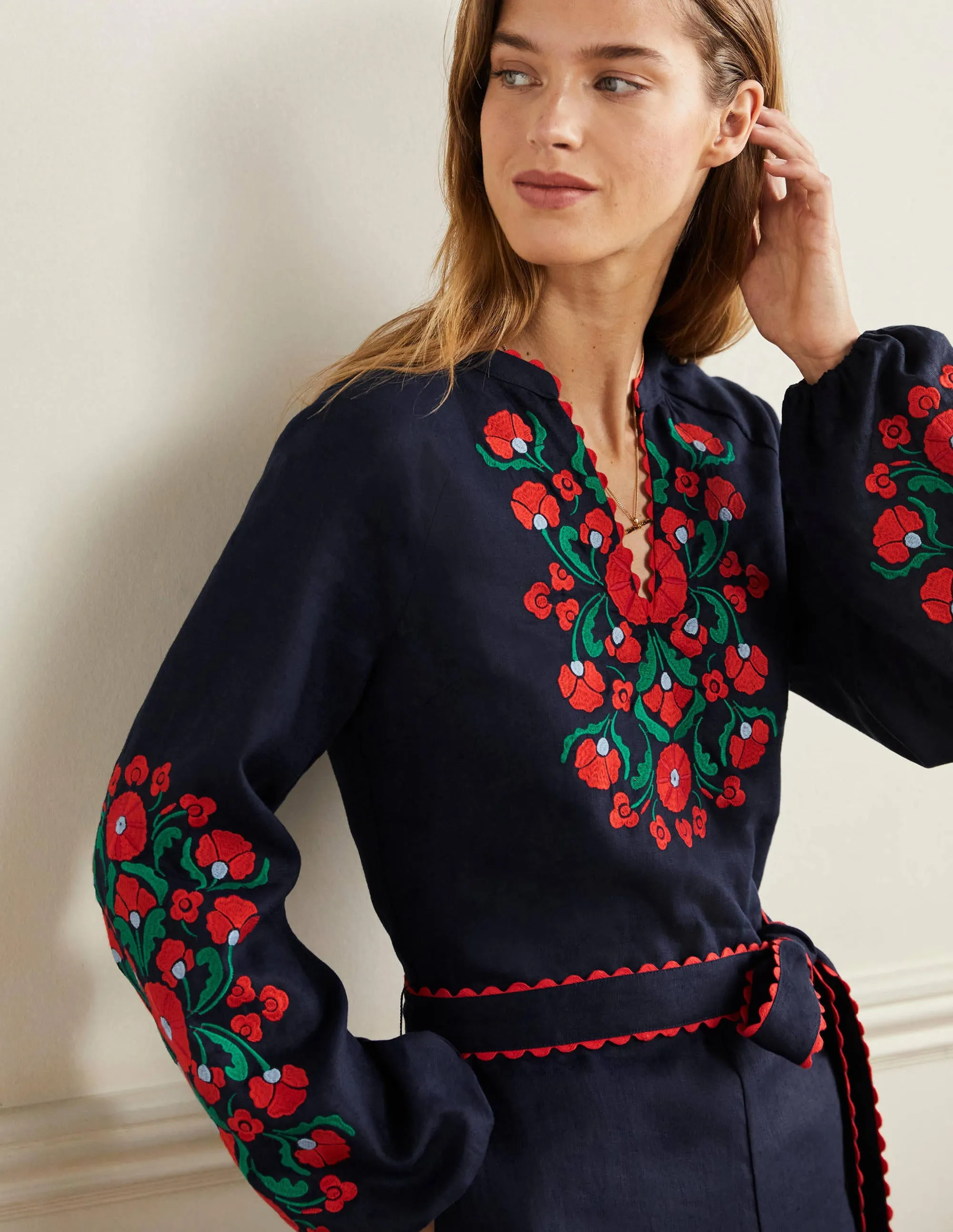Embroidered Linen Playsuit-Navy. Passion Bloom
