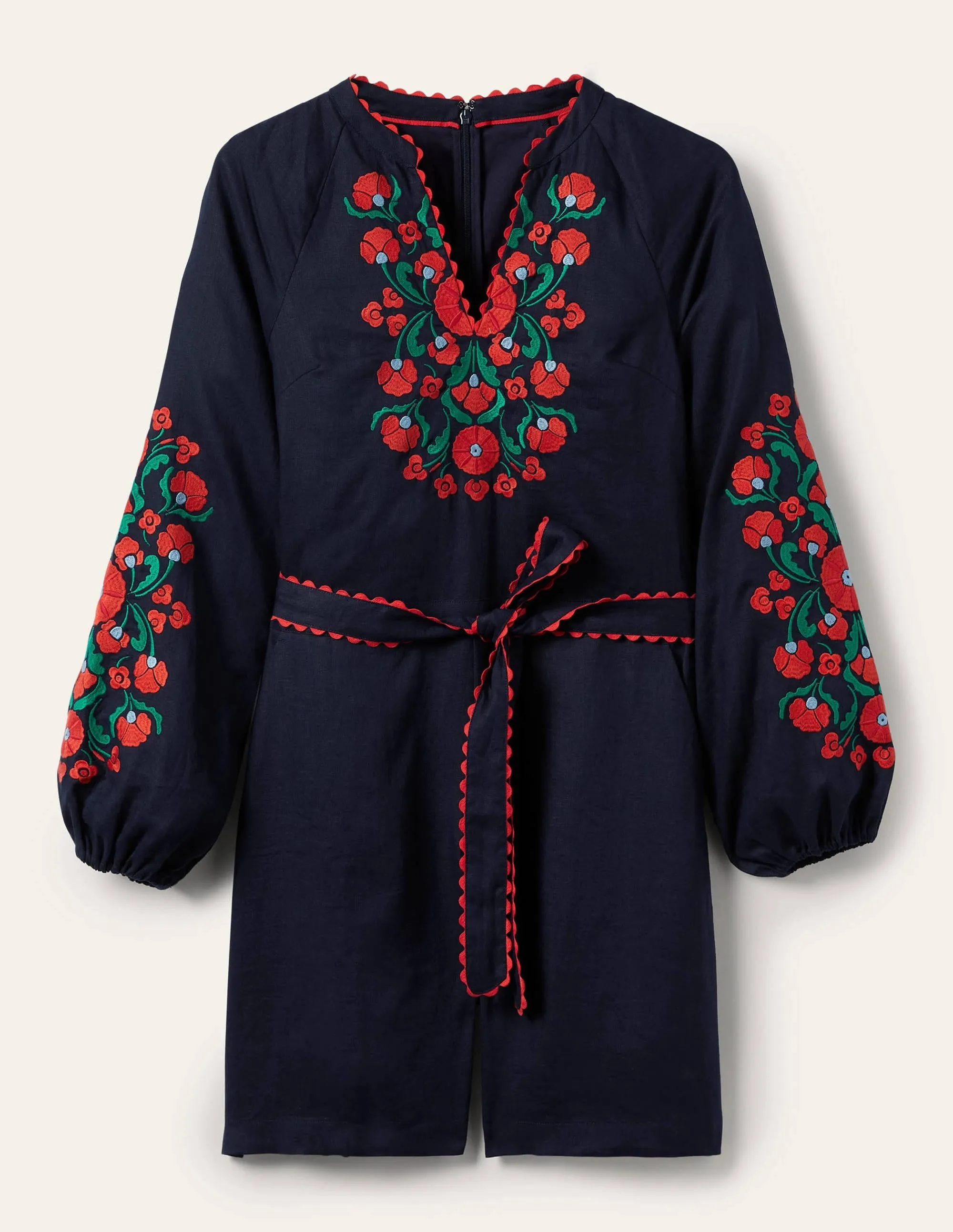 Embroidered Linen Playsuit-Navy. Passion Bloom