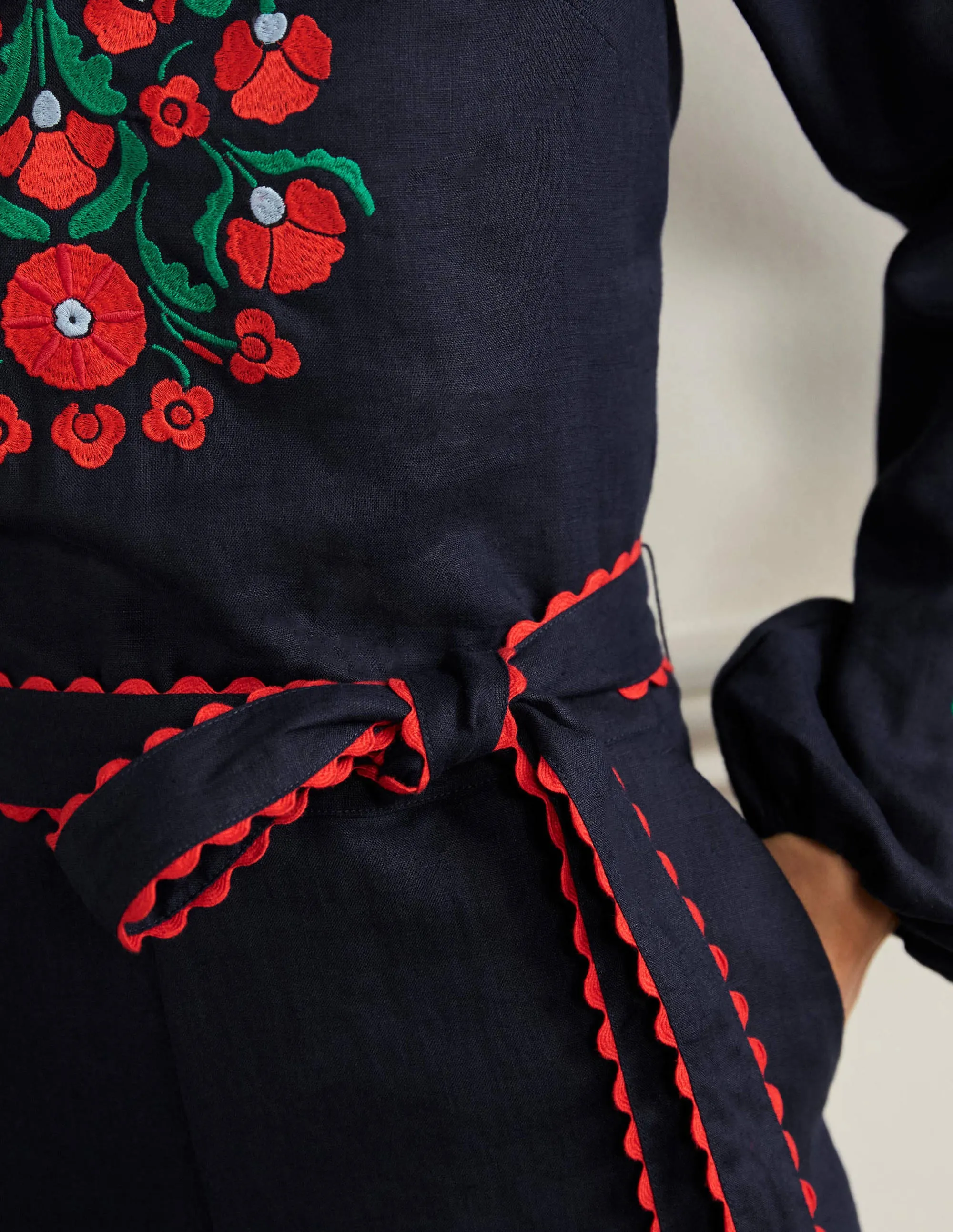 Embroidered Linen Playsuit-Navy. Passion Bloom