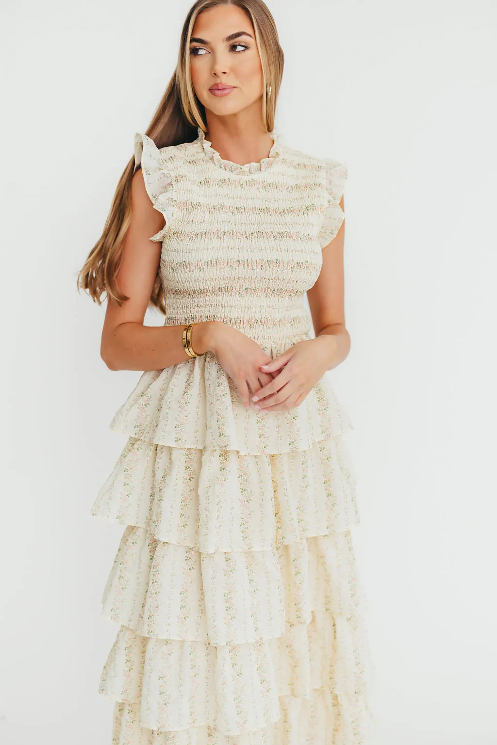 Emery Ruffled Midi Dress in Pink Floral