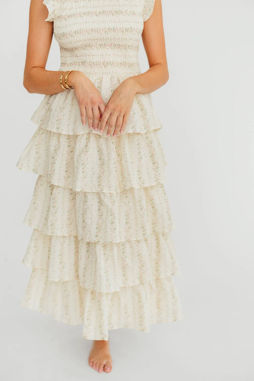 Emery Ruffled Midi Dress in Pink Floral