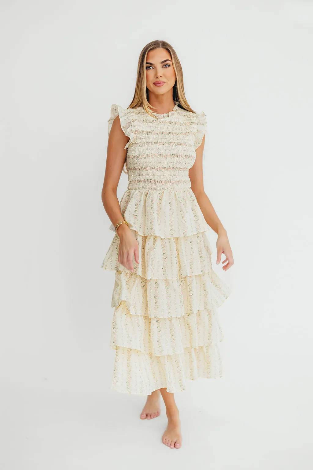 Emery Ruffled Midi Dress in Pink Floral