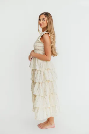 Emery Ruffled Midi Dress in Pink Floral